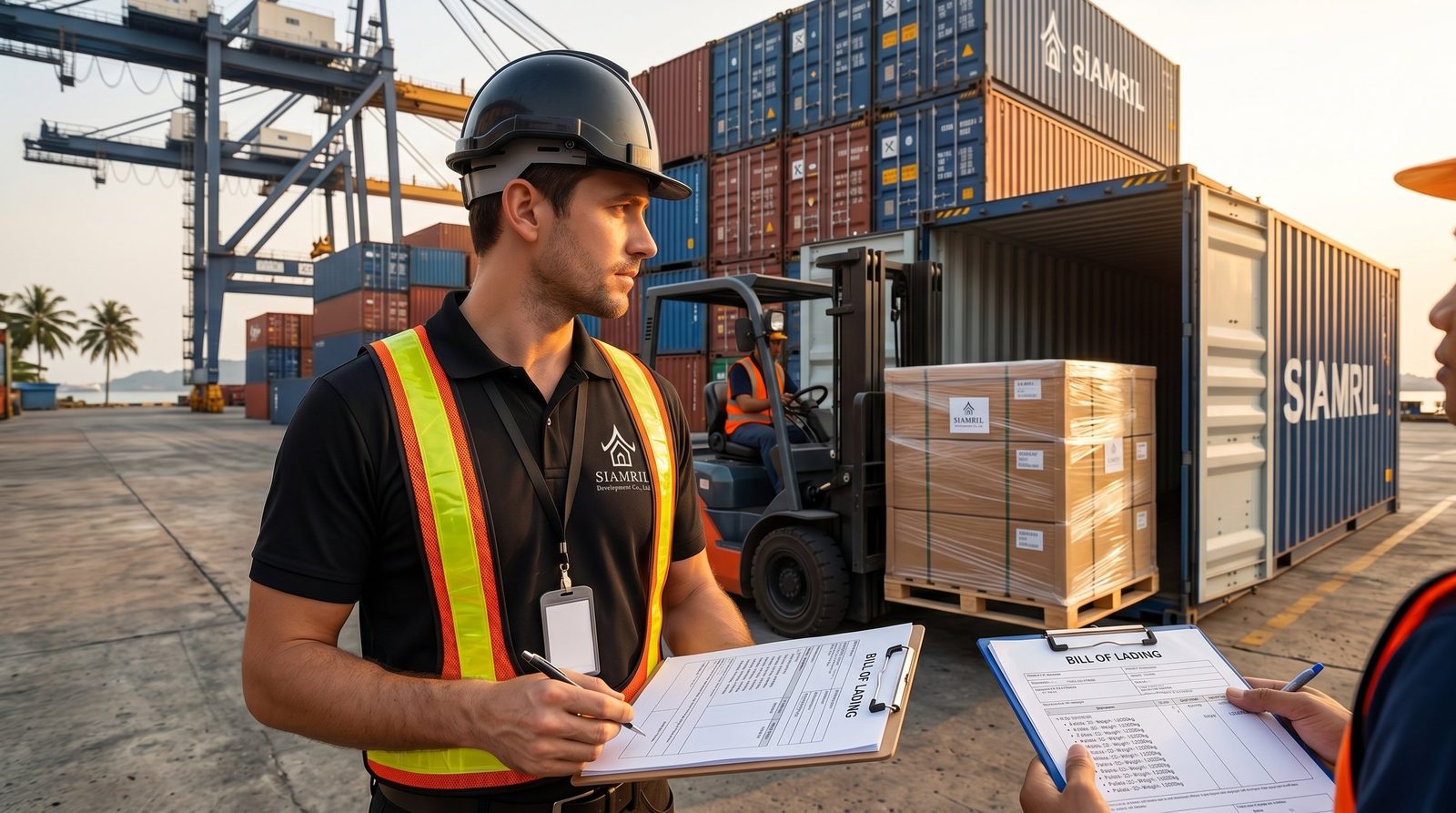 Container loading for international shipment at factory dock